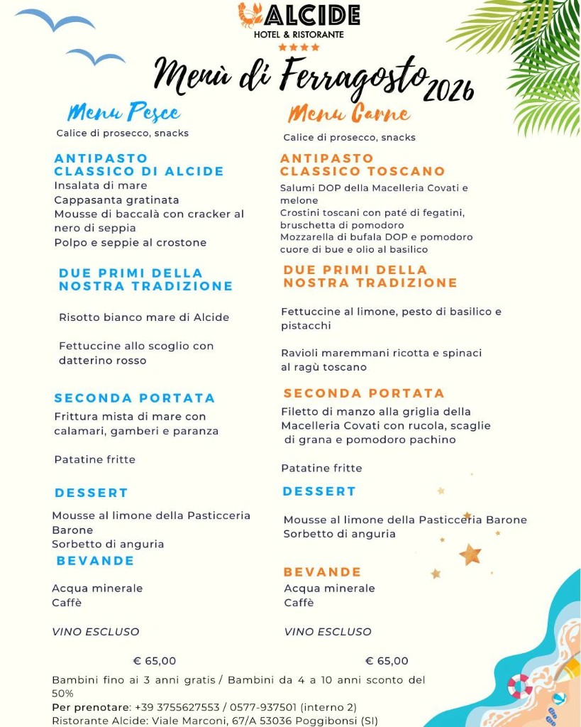 Menù di Ferragosto 2026 Ristorante Alcide Poggibonsi - Menu Pesce e Menu Carne a 65 euro