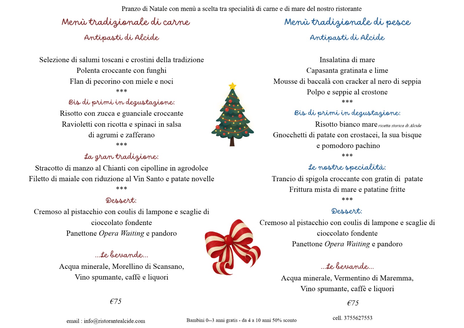 Menù di Natale 2026 Ristorante Alcide Poggibonsi - Menù tradizionale di carne e di pesce a 75 euro