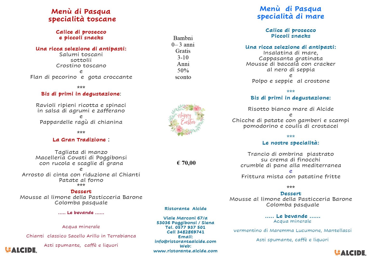 Menù di Pasqua 2026 Ristorante Alcide Poggibonsi - Specialità Toscane e di Mare